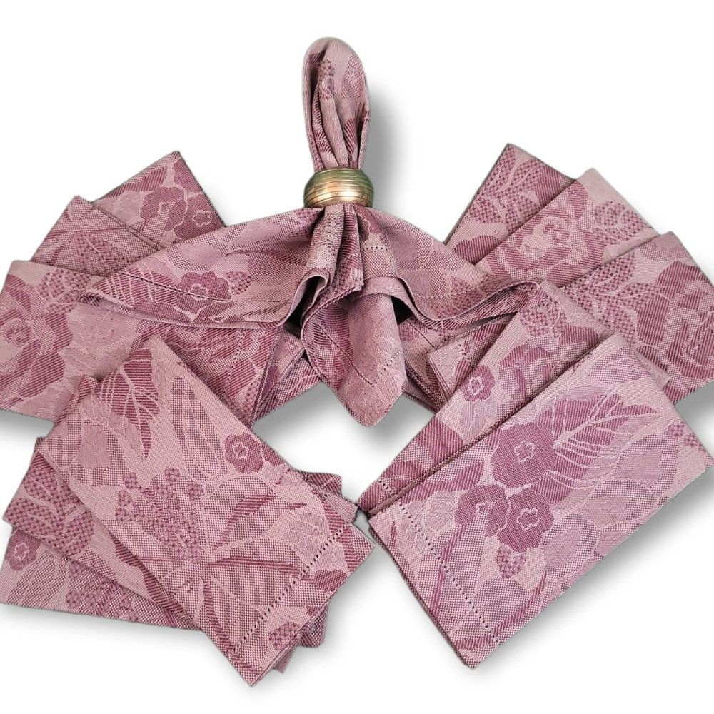 Fine Dining European Cloth Napkins Set (12) Linen Blend 20" x 20" Rose Pattern